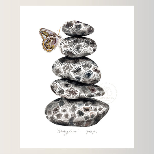 Art Print & Framed canvas || "Petoskey Cairn" with a Michigan Butterfly