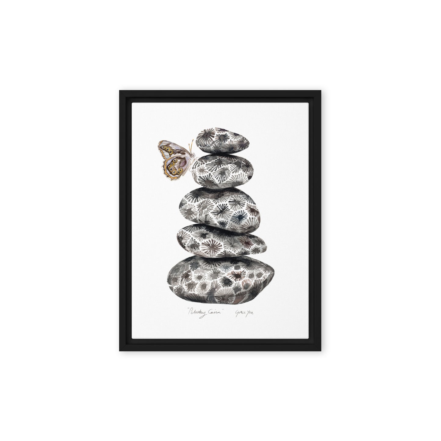 Art Print & Framed canvas || "Petoskey Cairn" with a Michigan Butterfly