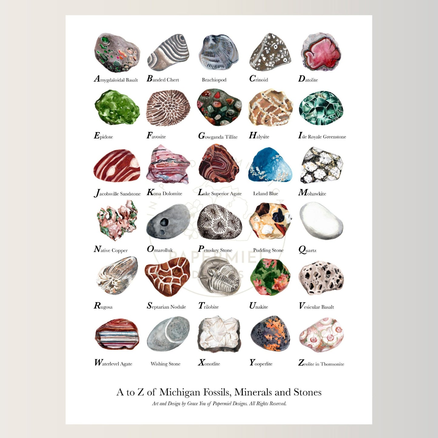 Art Print || "A to Z of Michigan Fossils, Minerals and Stones"